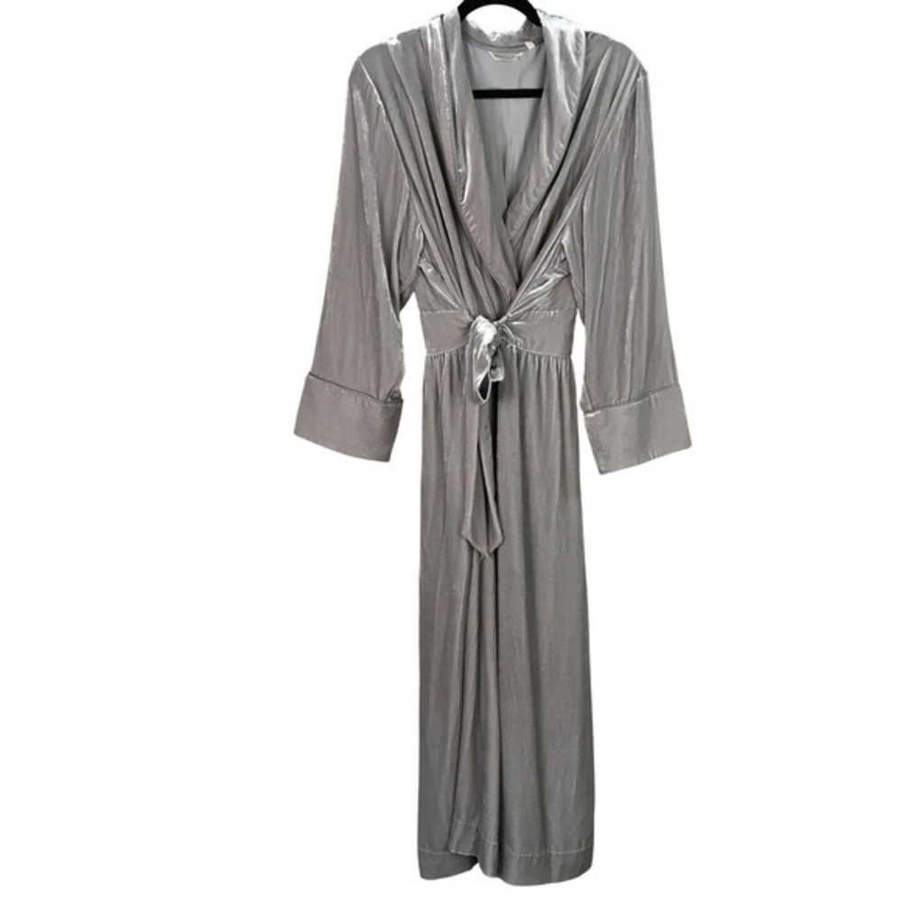 Soft Surroundings Silk Velvet Robe Maxi Silver Grey XL Kimono Sleeve Tie Waist‎